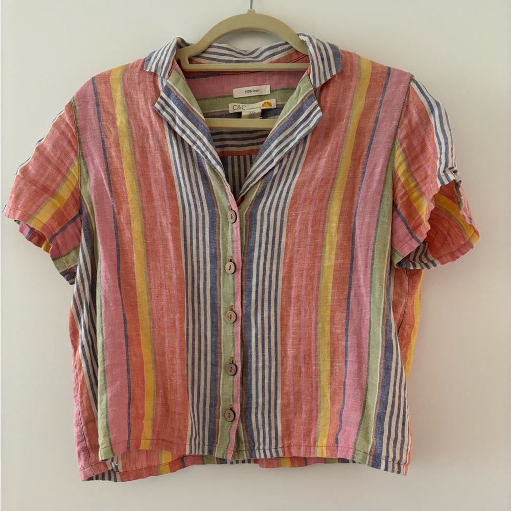 C&C California Linen Striped Button Down Cropped Shirt